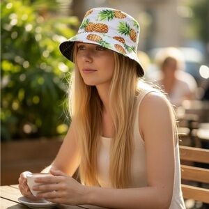 Pineapple Print Bucket Hat - White with Green & Yellow